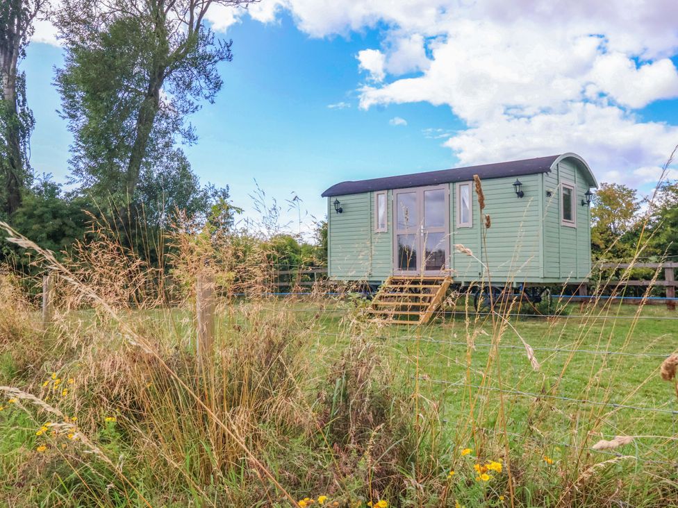 A shepherd's hut surrounded by grass and trees at Shepherds hut