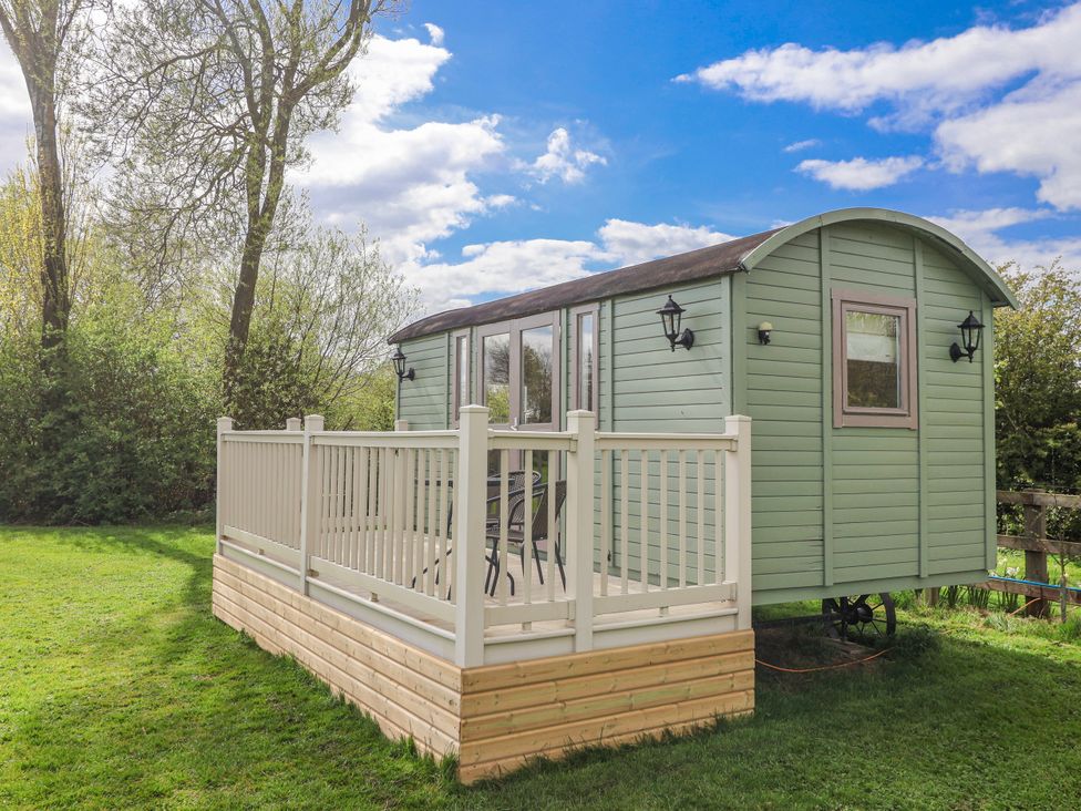 A green cabin on a wooden deck surrounded by trees at The Dragonfly in Bewholme near Hornsea