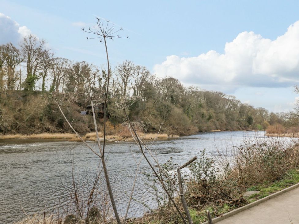 A river with trees and a pathway at Cariad Cottage in Hereford