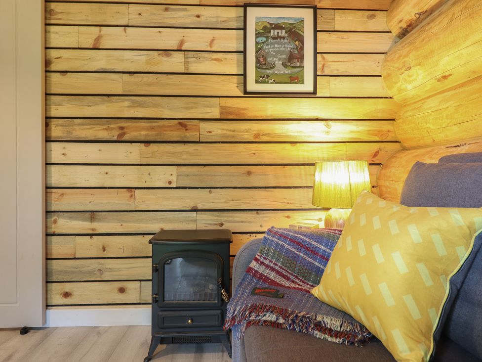 A living room with a stove and sofa at Owl Valley Cabin in Bwlch-y-Ddar near Llanfyllin