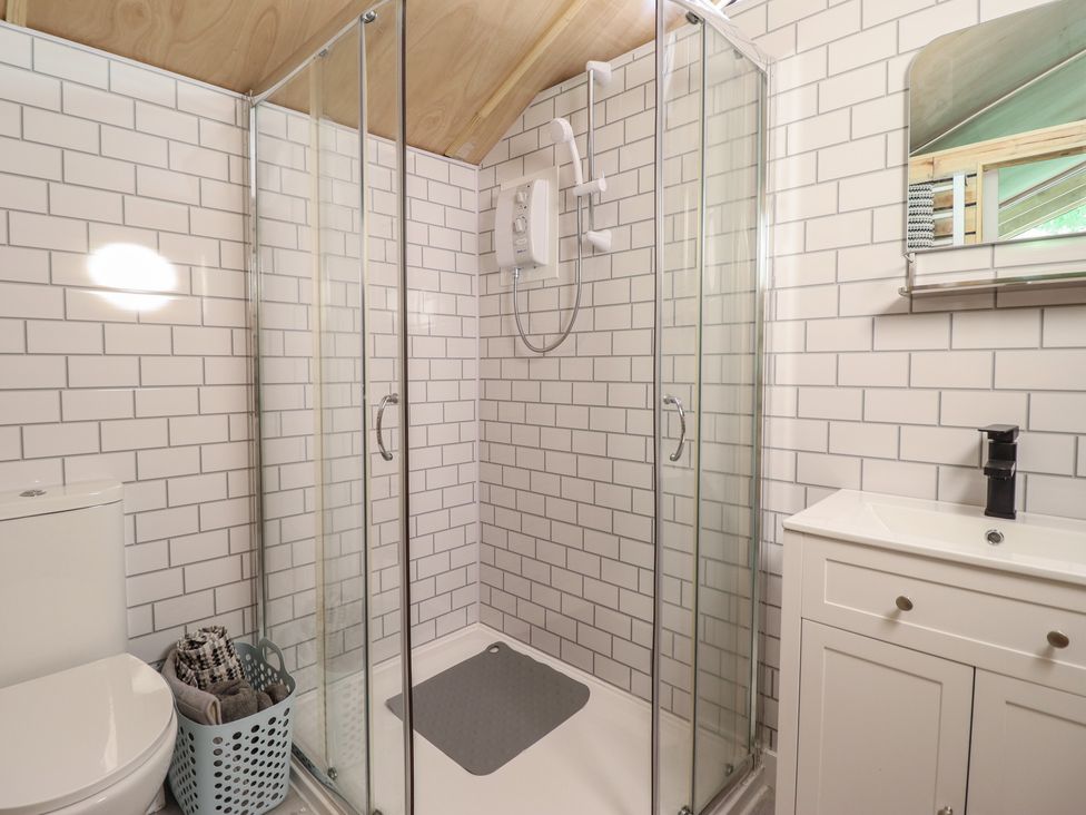 A bathroom with a shower and toilet at Owl Valley Cabin in Bwlch-y-Ddar near Llanfyllin