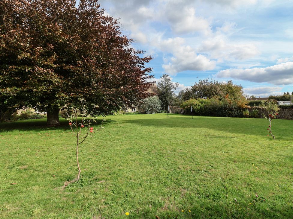 A green garden area with trees and netting at Badminton Farm Cottage