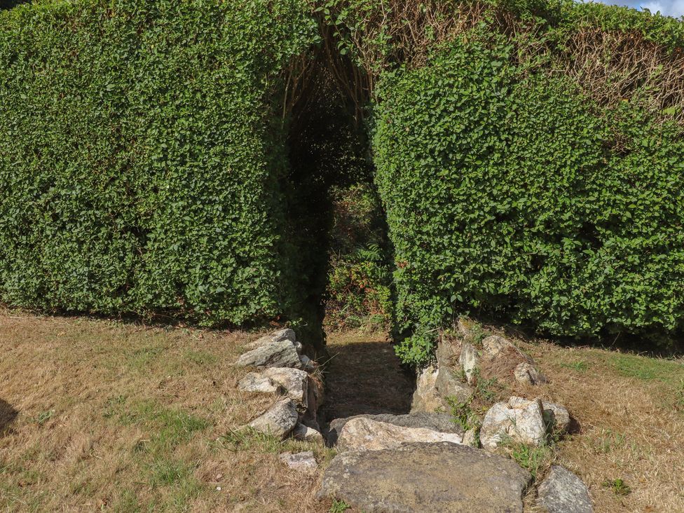 A stone pathway through a hedge in a garden at Garreg Fawr 