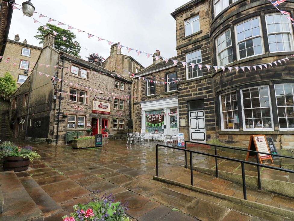 A street with cafe and shops at The Peak View Holmfirth in Hade Edge, Yorkshire
