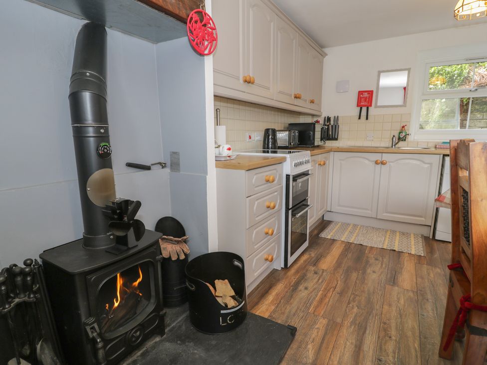 A kitchen with a wood stove and appliances at Ysgoldy in Dolwyddelan