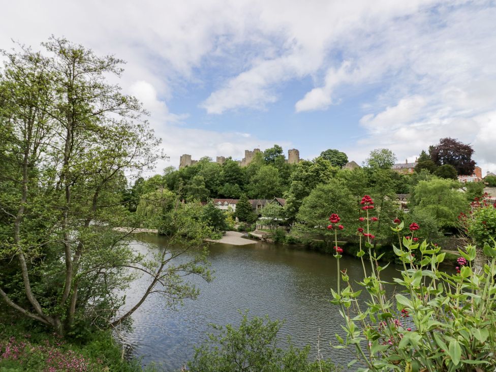 A river with trees and buildings near a castle at Middle Cottage in Ludlow