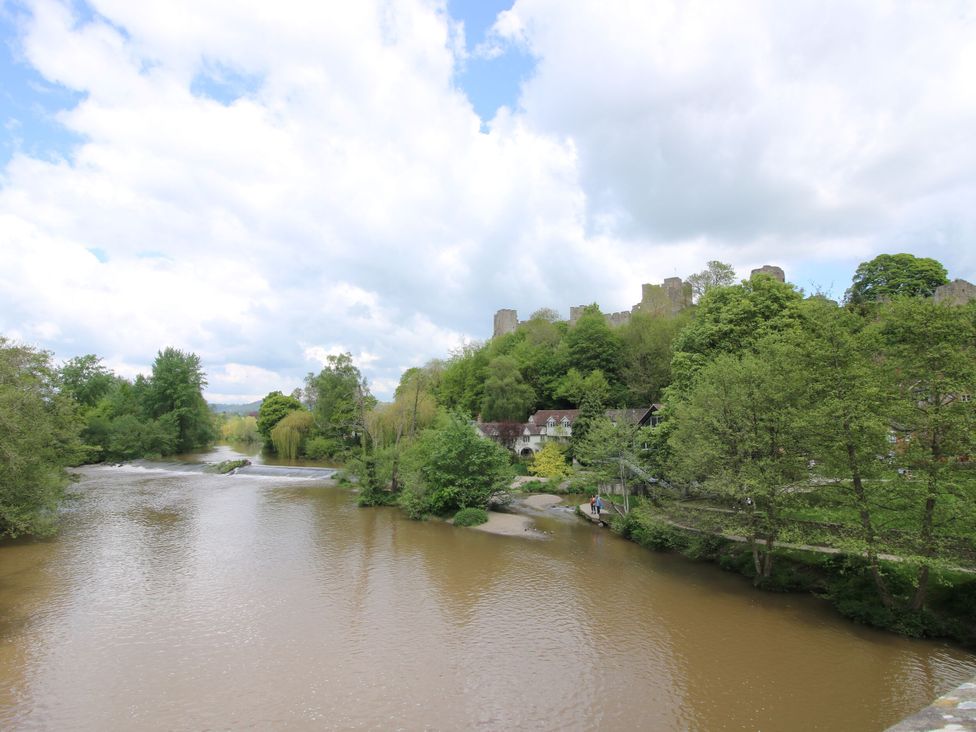 A river flowing near trees with a castle in the background at Middle Cottage Ludlow