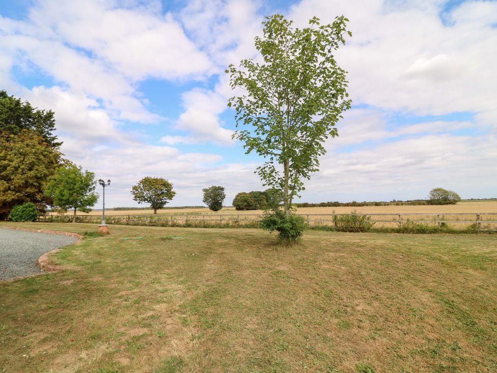 A grassy area with trees and a lamp post at Mylo's Cottage in Langrick near Boston