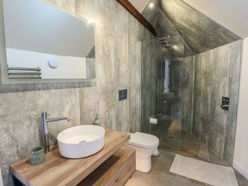 A bathroom with sink, toilet, and shower at Yr Awen in Lampeter