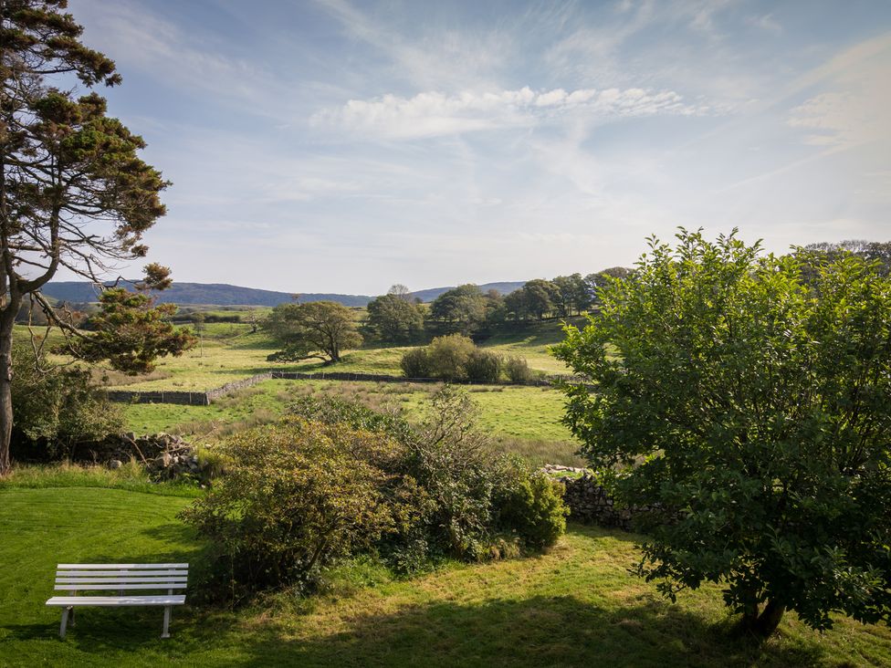 A view of a field with trees and a bench at Souterstead in Torver near Coniston