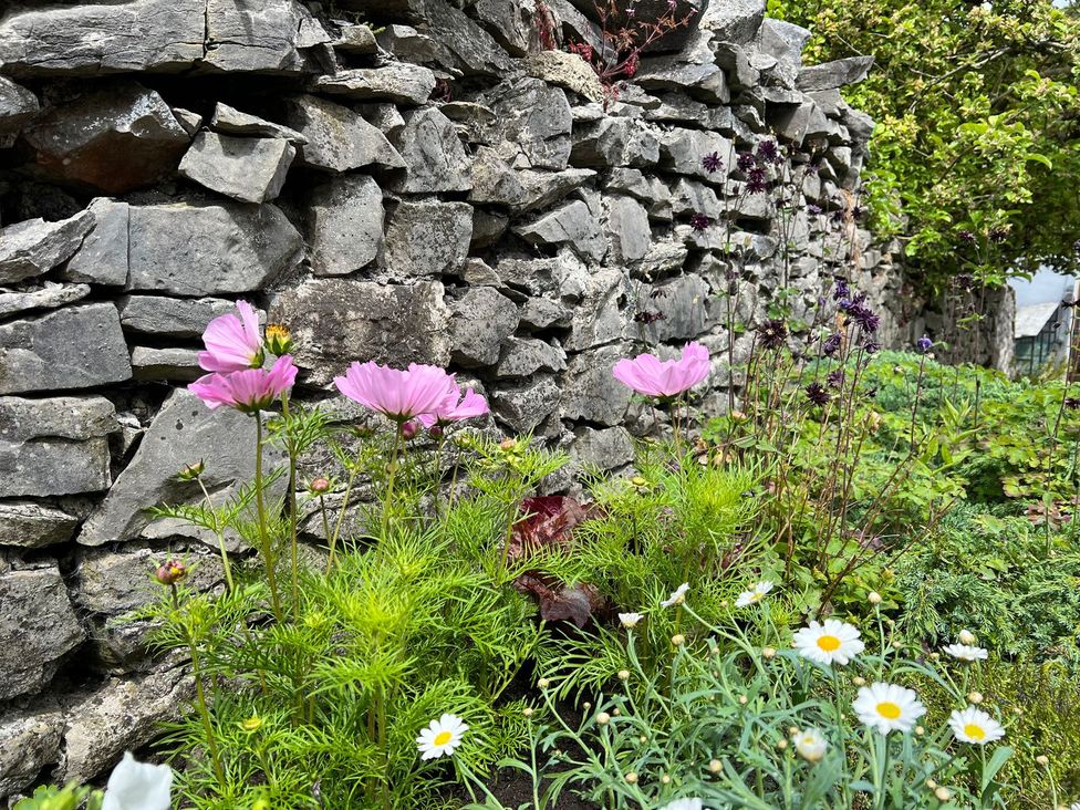 A garden with flowers and a stone wall at Billy Whiskey's, Tideswell