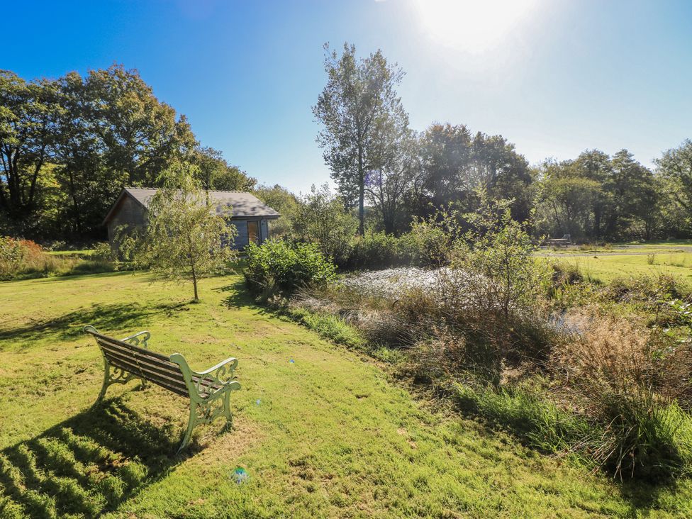 A bench near a pond and trees at Dwrgi in Llanybydder
