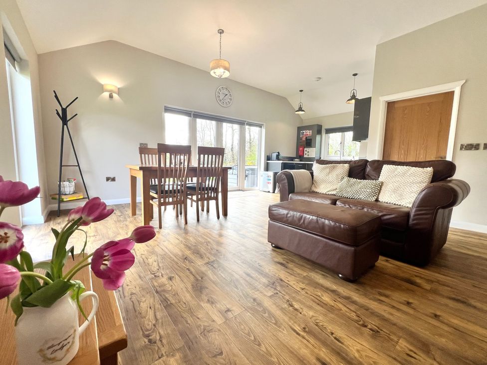 A living room with a sofa and dining area at Dwrgi Aber near Llanybydder