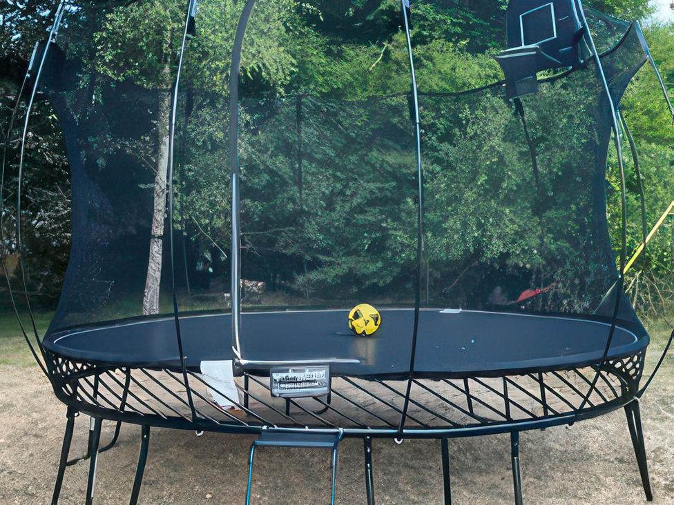 A trampoline with safety net and basketball hoop at Your Country House in Reading