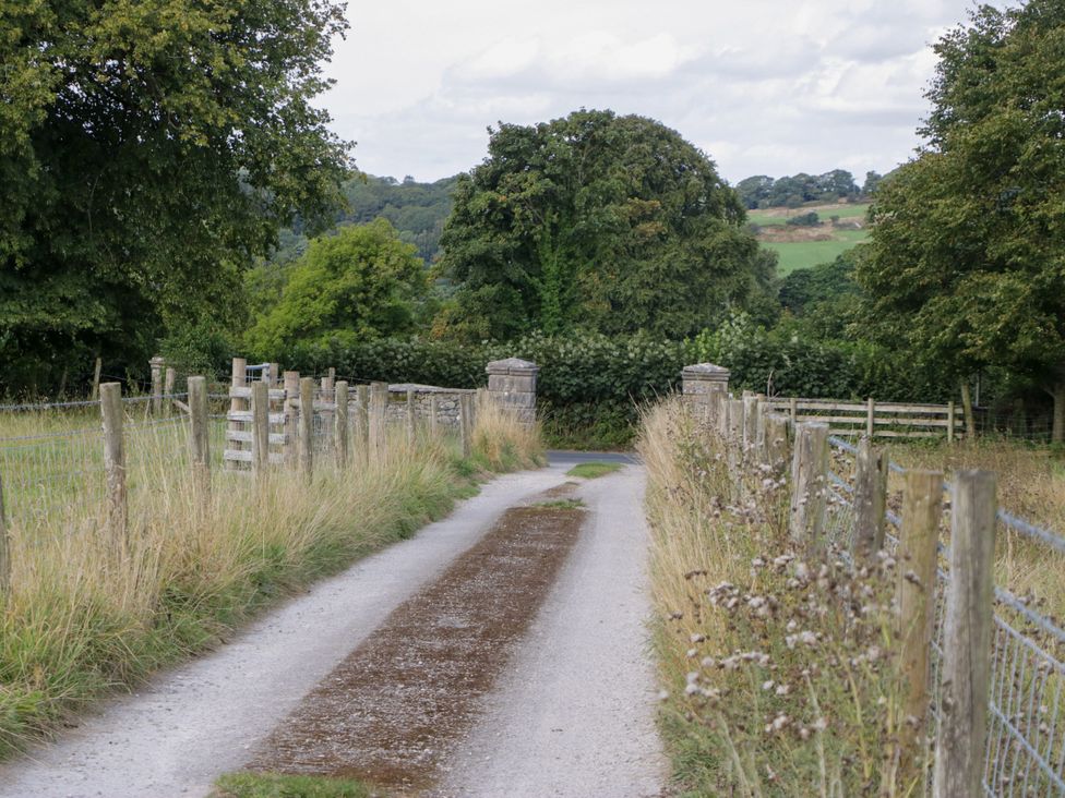 A pathway leading to a gate surrounded by trees at The Laundrymaid's Cottage in Cartmel
