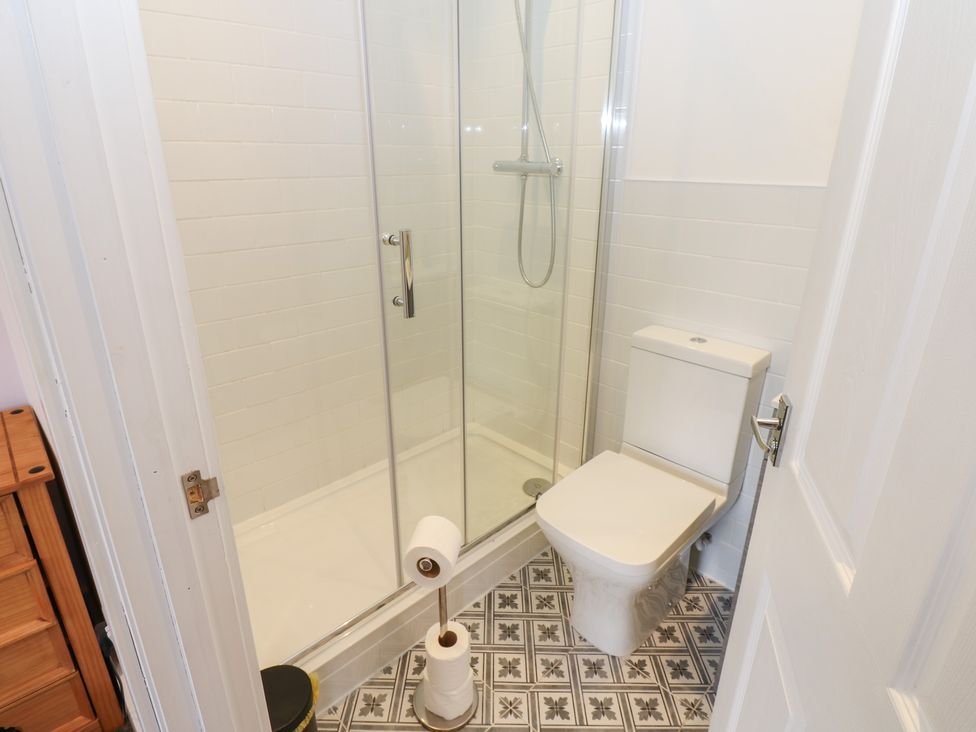 A bathroom with a shower and toilet at Salvin Cottage in Alston