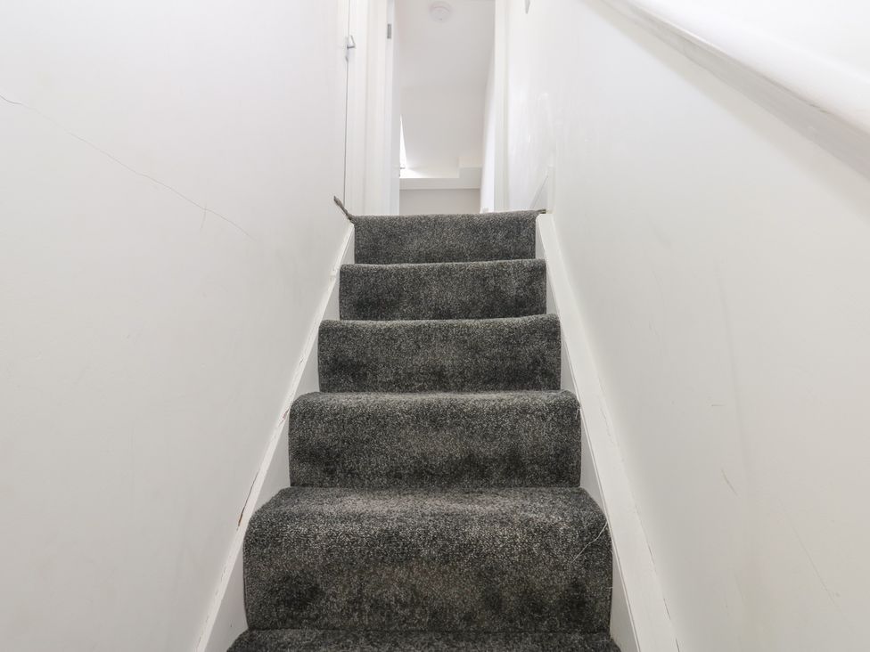 A staircase leading up with carpeted steps at Salvin Cottage in Alston
