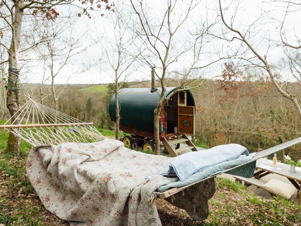 A hammock near a wooden cabin in a natural setting at Goldfinch in Launceston