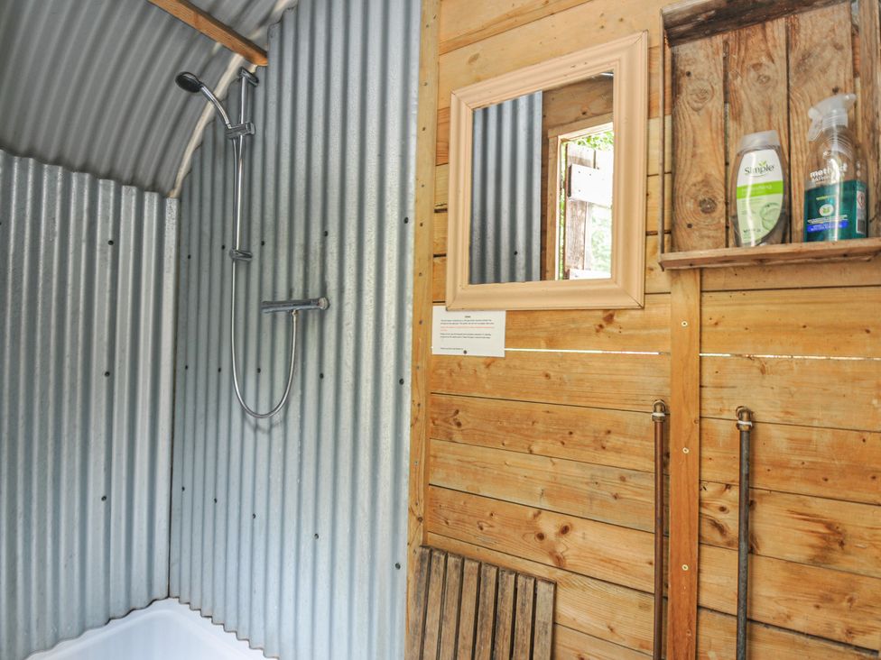A bathroom with a shower and wooden features at Goldfinch in Panson Mill near Ashwater