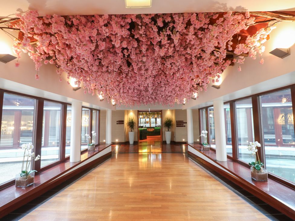 A lobby with floral ceiling arrangement at Costal Lodge at Seaham Hall, Seaham