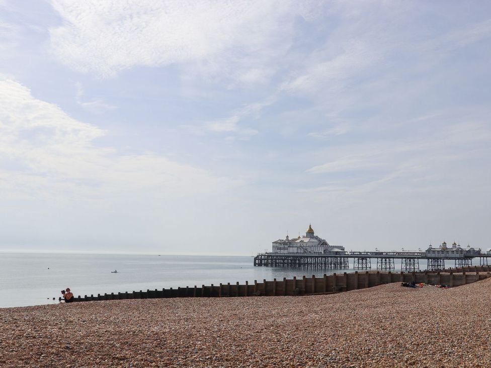 A beach with a pier and people relaxing at Pebbles in Eastbourne