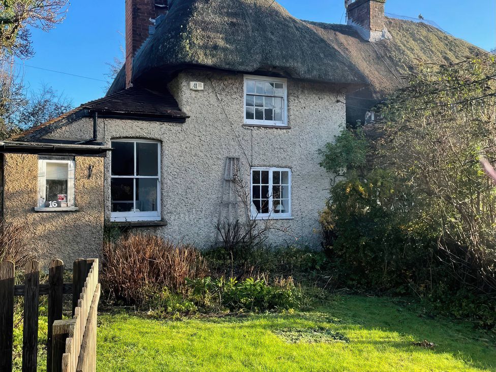 A house with a thatched roof and windows at 16 Bones Lane Petersfield