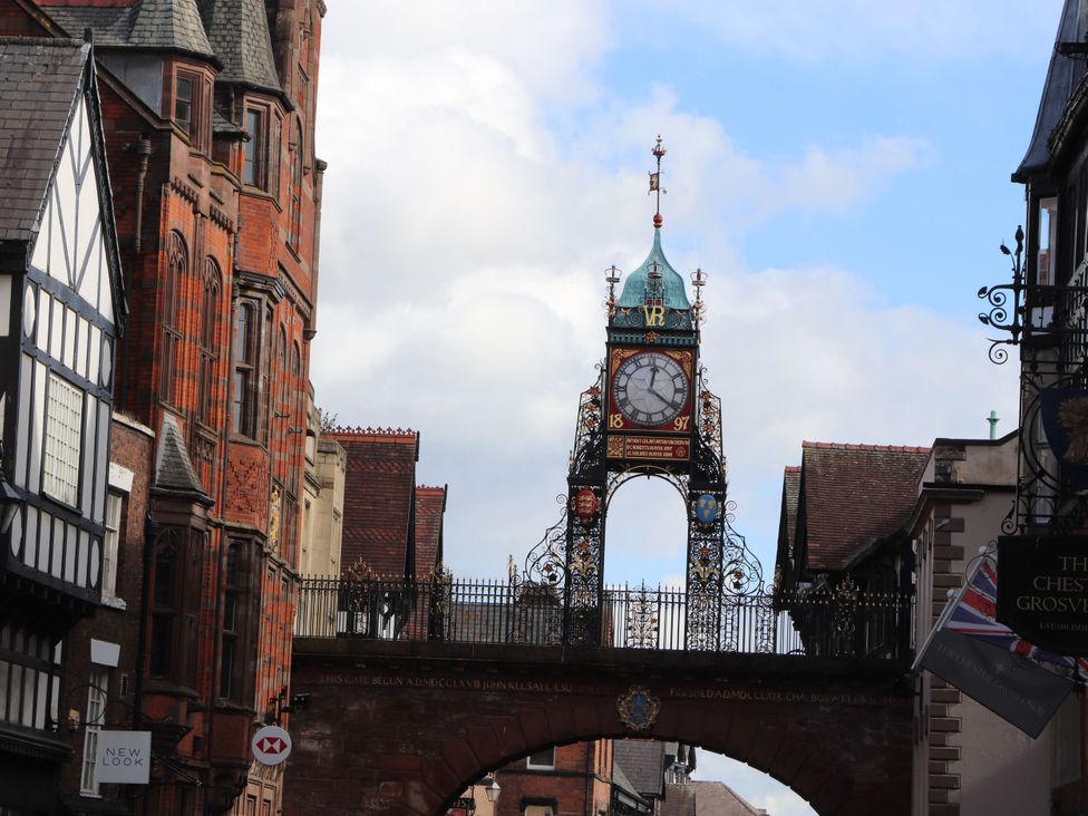 A view of the Chester clock and buildings in Chester