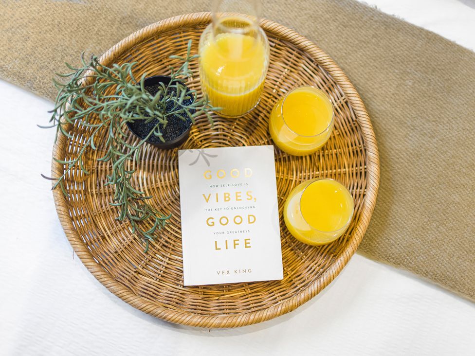A tray with a book, glasses of juice, and a plant at Southview Apartment in Chester