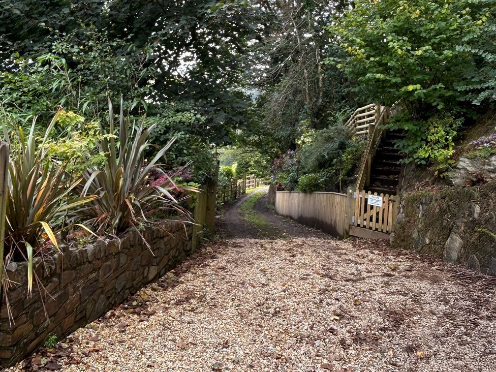 A pathway surrounded by plants and trees at Rookery Cottage in Lynton