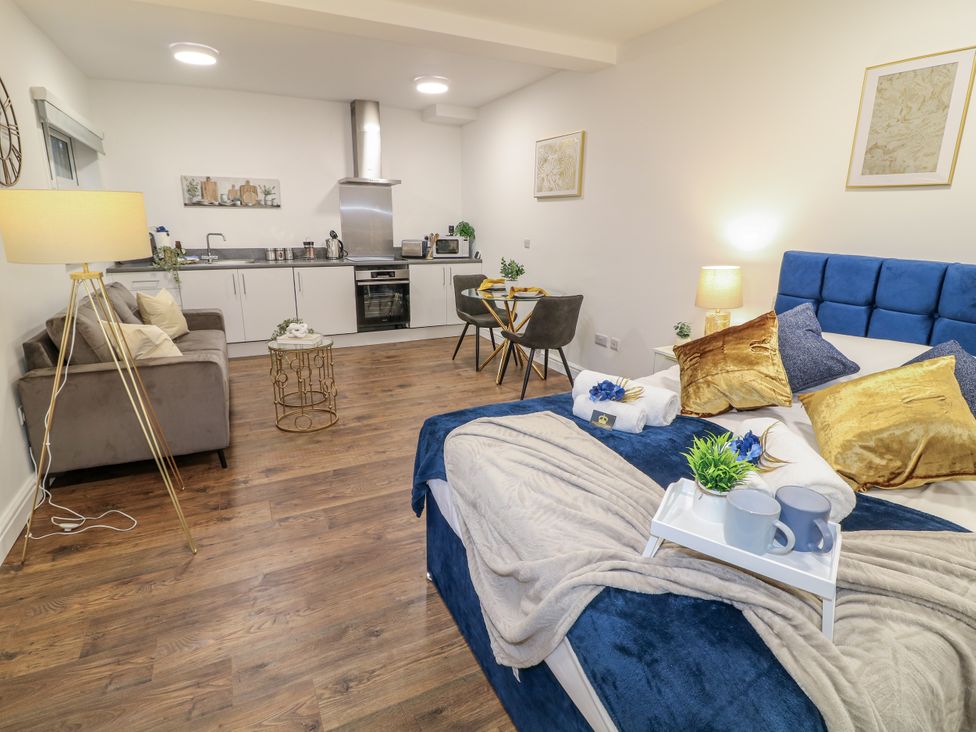 A studio with a kitchen area and living space at 2 Peterborough