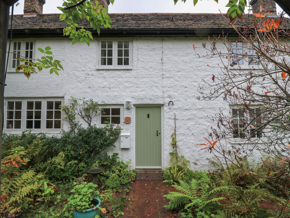 A cottage with a green door and garden plants at Cherry Cottage