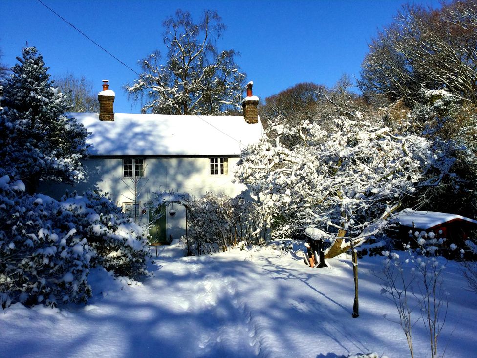 A house covered in snow with trees and a pathway at Cherry Cottage in Crowborough