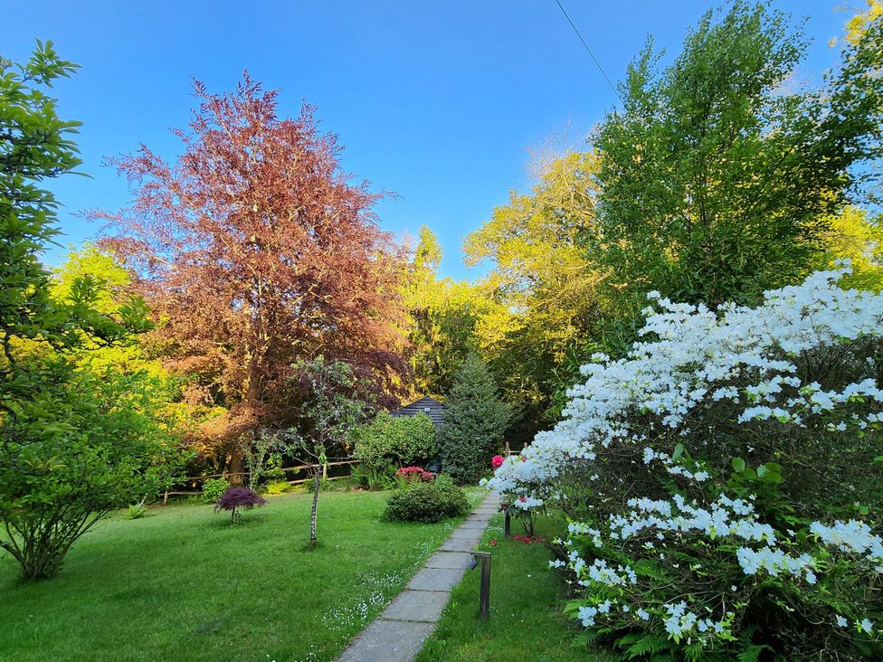 A garden with a pathway and flowering bushes at Cherry Cottage in Crowborough