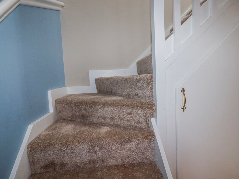 A stairway with carpet and a handrail at Mayfly Lodge in St Tudy