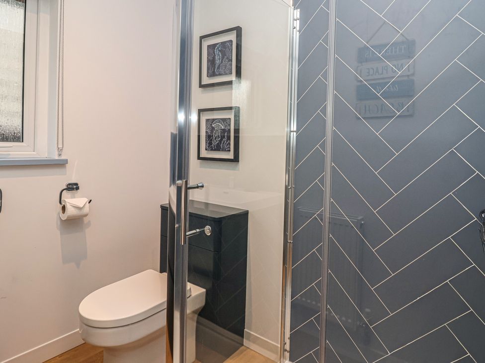 A bathroom featuring a shower, toilet, and sink at Mayfly Lodge in St Tudy