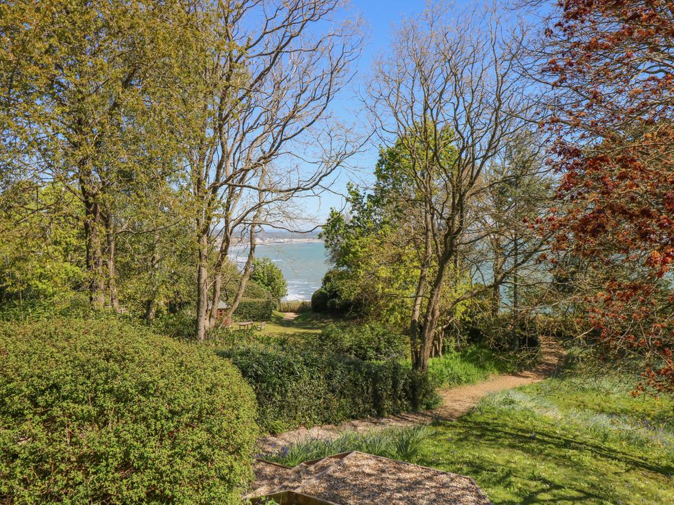 A garden with trees and a pathway leading to a water body at 6 Priory in Shanklin