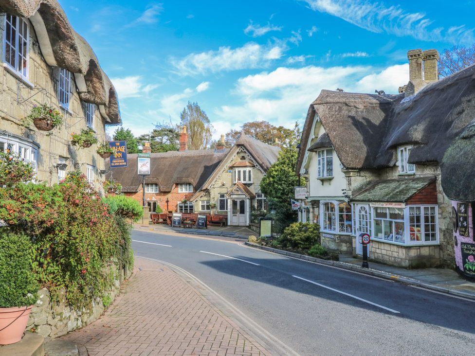 A street with thatched roof houses and a pub at 6 Priory in Shanklin