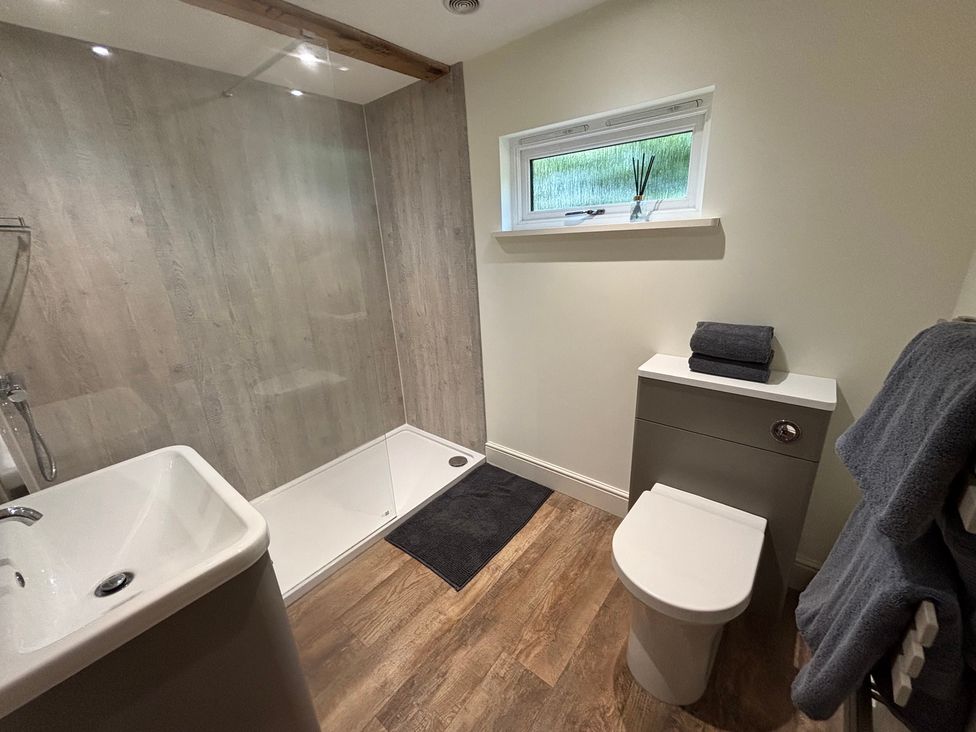 A bathroom with a shower, toilet, and sink at Ash Tree Lodge in Norwich