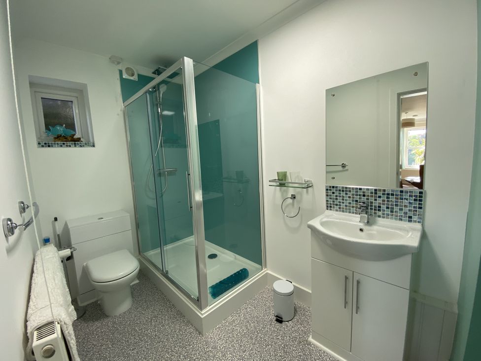 A bathroom with a shower, toilet, and sink at Ockendon House Apartment B Torquay