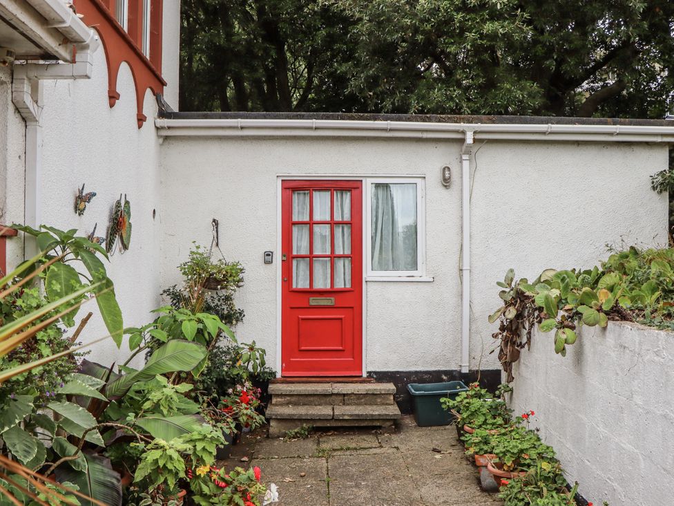 An entrance with a red door and plants at Mayflower View in Dawlish