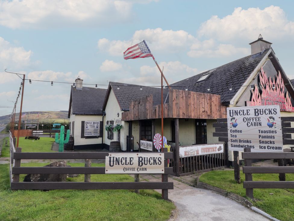An outdoor coffee cabin with signs and a cactus at Uncle Bucks in Limavady