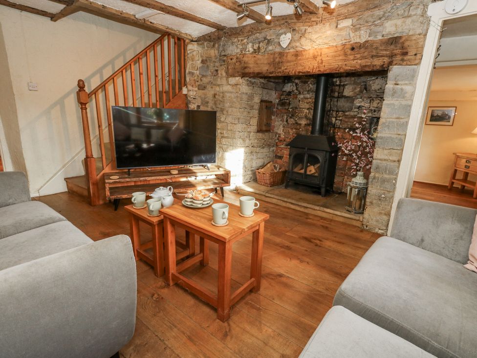 A living room with a television and fireplace at Honeysuckle Cottage, Smallridge Nr. Axminster