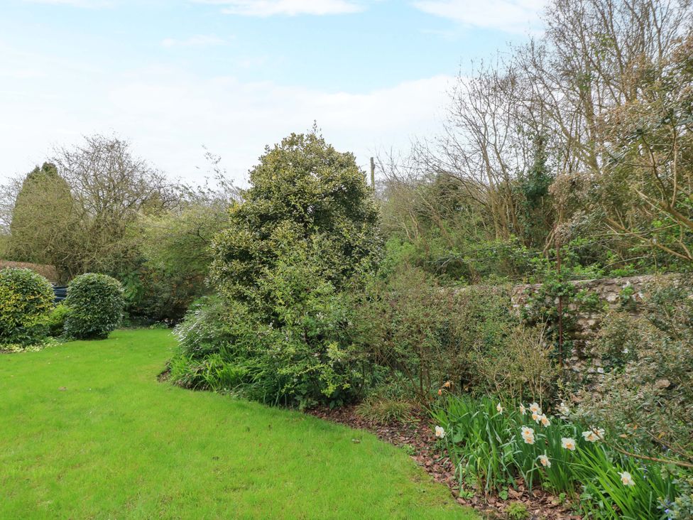 A garden with grass, trees, and flowers at Plush Cottage in Plush