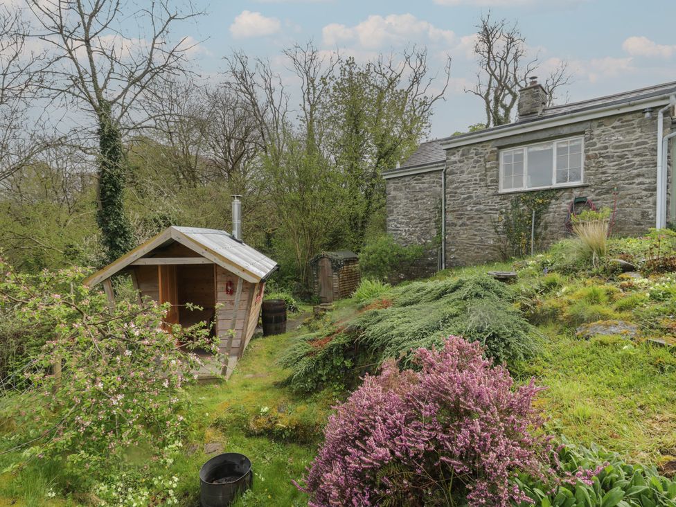 A garden with a shed and flowering plants at Tyn Y Fron in Brynherbert near Llanrhystud