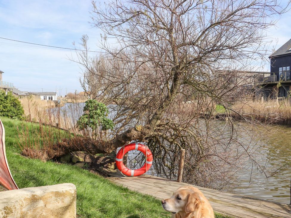 An outdoor scene with a river, lifebuoy, and a dog at Greengates in Rye
