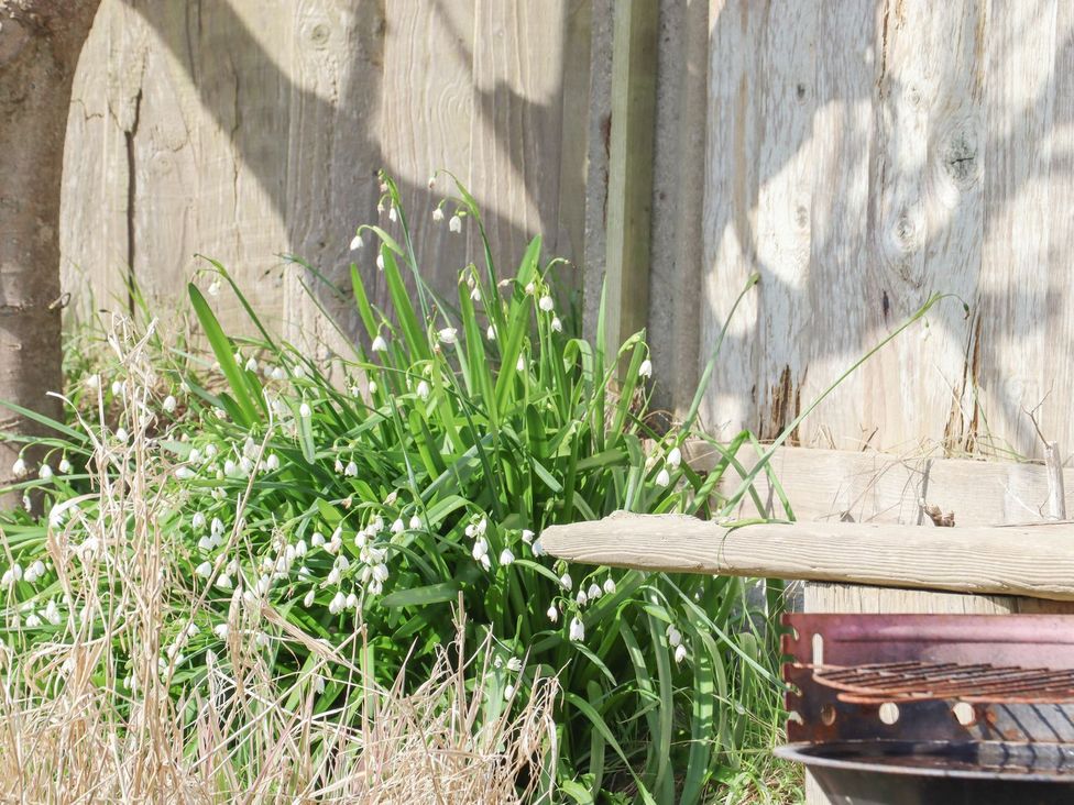 A garden with flowers and a charcoal grill at Greengates in Rye