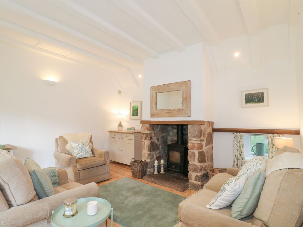 A living room with sofas and a fireplace at Pigwig Cottage