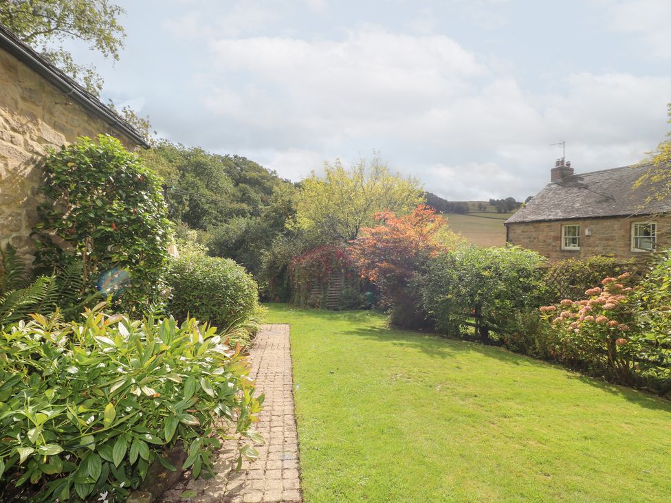 A garden with a pathway and greenery at Pigwig Cottage