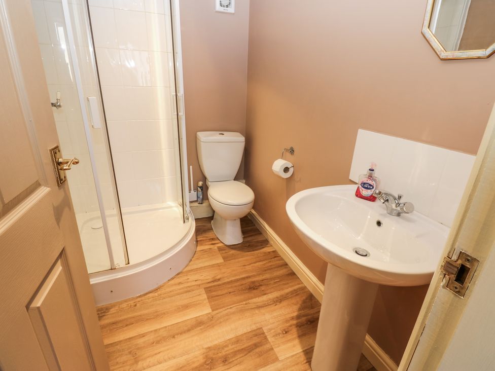 A bathroom with shower, toilet, and sink at Ewe Cottage in Ripon
