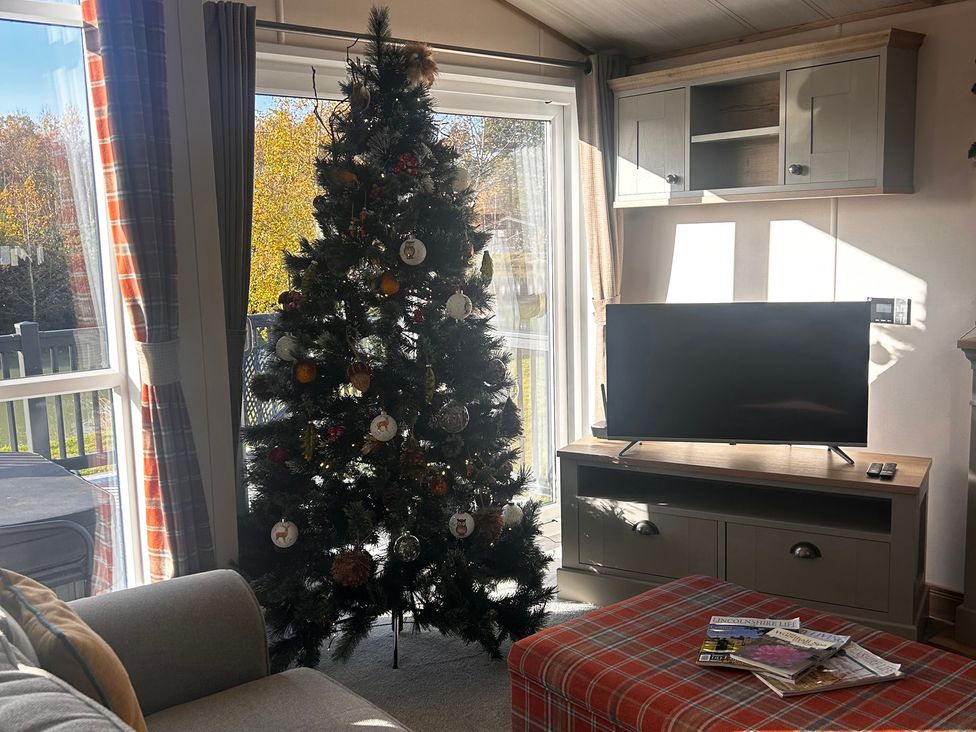 A living room with a Christmas tree and a television at Lakewood Retreat in Woodhall Spa